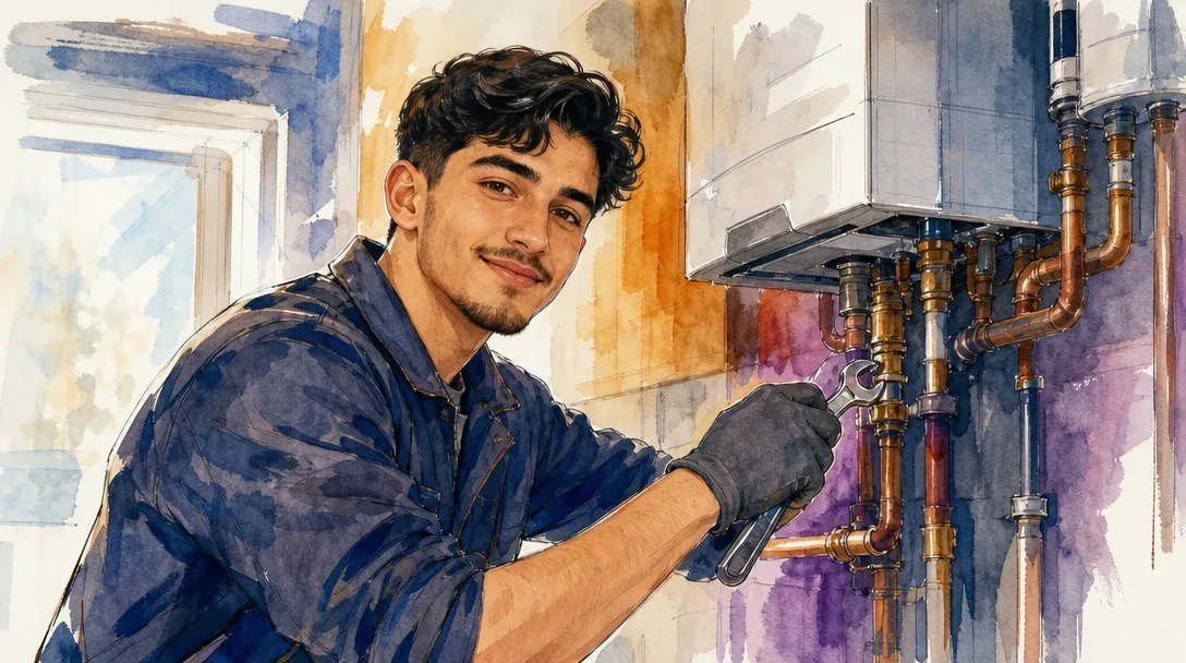 Anlagenmechaniker/Anlagenmechanikerin für Sanitär-, Heizungs- und Klimatechnik in der Ausbildung installiert Rohre und eine Heizung mit dem Schraubenschlüssel – Aquarell-Illustration