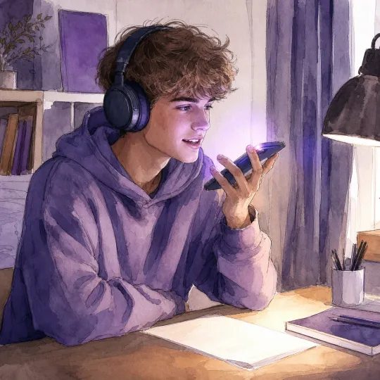 Teenager übt mit KI-Interviewer-App und Kopfhörern am Handy