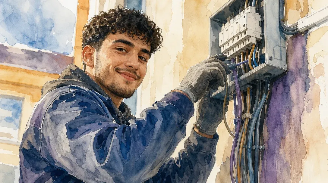 Elektroniker/Elektronikerin Fachrichtung Energie- und Gebäudetechnik in der Ausbildung installiert Leitungen und einen Sicherungskasten an der Wand – Aquarell-Illustration