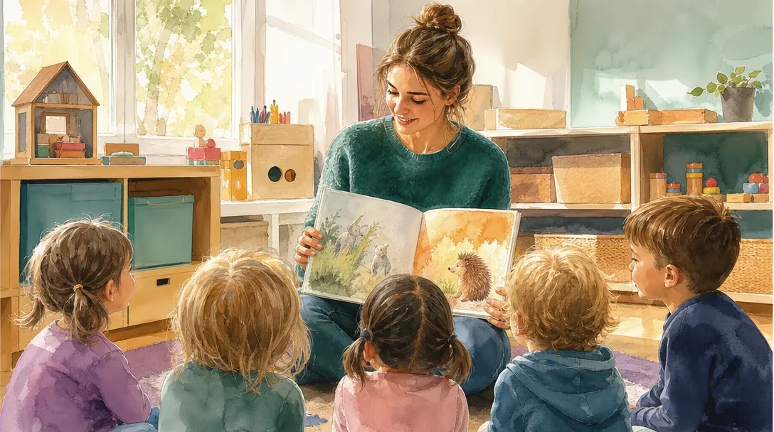 Staatlich anerkannter Erzieher/Staatlich anerkannte Erzieherin in der Ausbildung liest Kindern im bunten Kindergarten ein Bilderbuch vor – Aquarell-Illustration