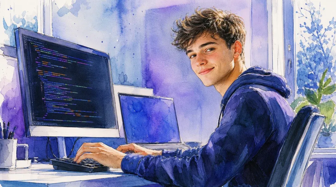 Fachinformatiker/Fachinformatikerin Fachrichtung Anwendungsentwicklung in der Ausbildung schreibt Code am Bildschirm im Büro – Aquarell-Illustration
