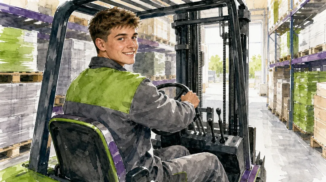 Fachkraft für Lagerlogistik in der Ausbildung fährt einen Gabelstapler zwischen hohen Regalen – Aquarell-Illustration