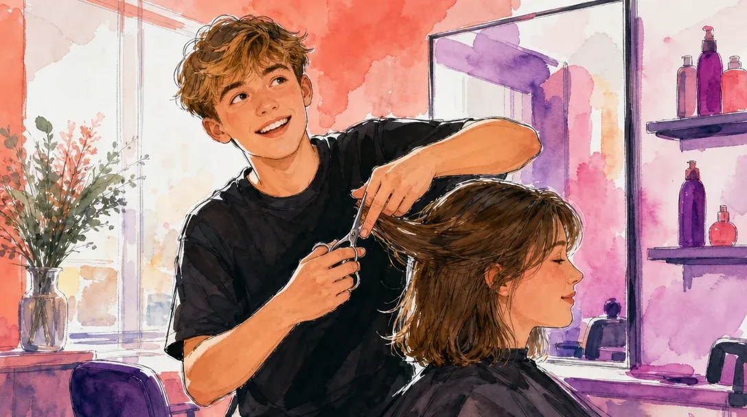 Friseur/Friseurin in der Ausbildung schneidet einer Kundin im hellen Salon die Haare – Aquarell-Illustration