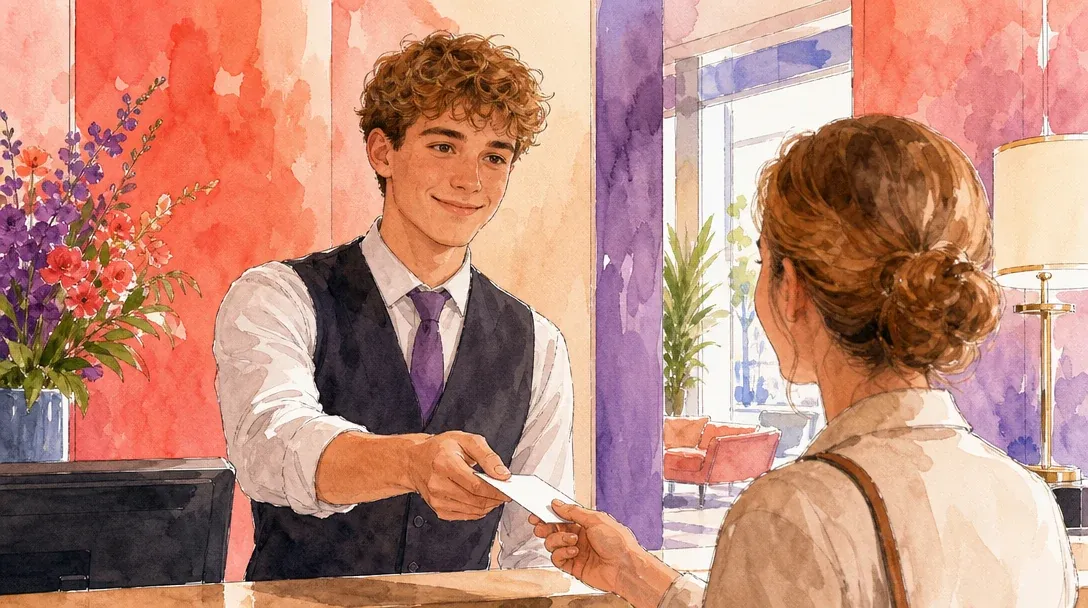 Hotelfachmann/Hotelfachfrau in der Ausbildung begrüßt herzlich einen Gast an der Hotelrezeption – Aquarell-Illustration