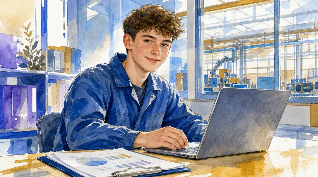 Industriekaufmann/Industriekauffrau in der Ausbildung prüft Auswertungen am Laptop im Büro eines Industriebetriebs – Aquarell-Illustration