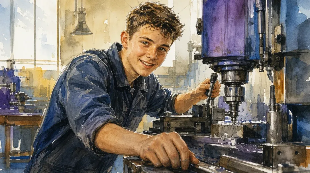 Industriemechaniker/Industriemechanikerin in der Ausbildung bedient eine Metallbearbeitungsmaschine in der Werkstatt – Aquarell-Illustration