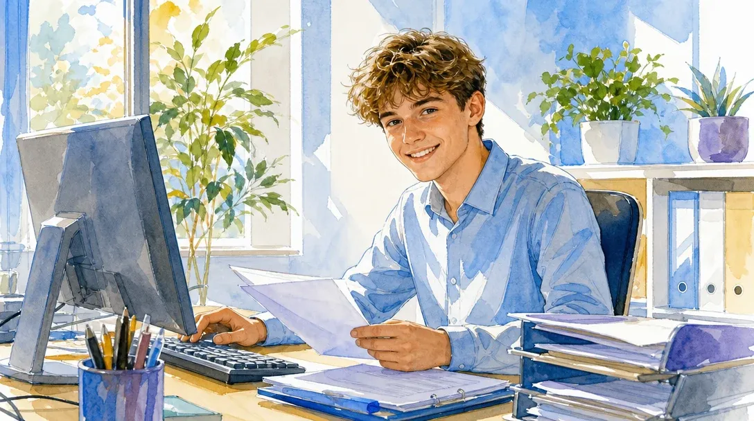 Kaufmann/Kauffrau für Büromanagement in der Ausbildung organisiert Unterlagen am Schreibtisch und tippt am Computer im hellen Büro – Aquarell-Illustration