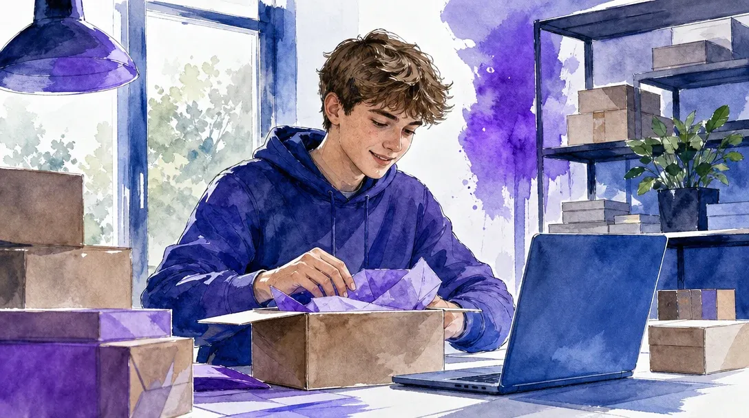Kaufmann/Kauffrau im E-Commerce in der Ausbildung packt am Laptop eine Onlinebestellung zwischen Versandkartons – Aquarell-Illustration