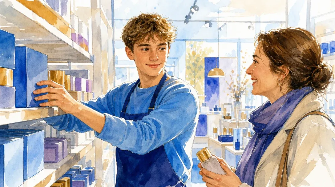 Kaufmann/Kauffrau im Einzelhandel in der Ausbildung berät eine Kundin und räumt Regale im Geschäft ein – Aquarell-Illustration