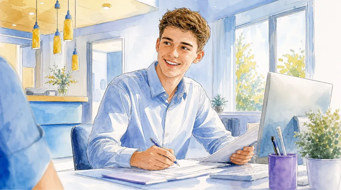 Kaufmann/Kauffrau im Gesundheitswesen in der Ausbildung arbeitet am Schreibtisch in der Klinikverwaltung – Aquarell-Illustration