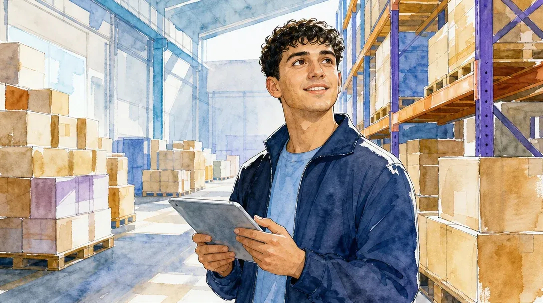 Kaufmann/Kauffrau für Groß- und Außenhandelsmanagement Fachrichtung Großhandel in der Ausbildung prüft mit dem Tablet Paletten und Kartons im Großhandelslager – Aquarell-Illustration