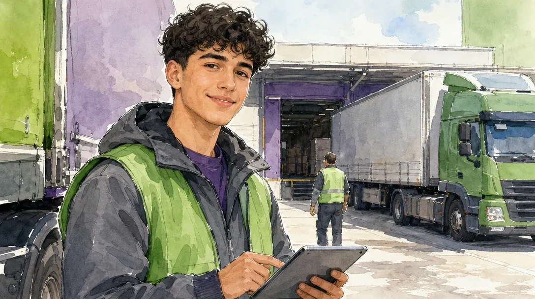 Kaufmann/Kauffrau für Spedition und Logistikdienstleistung in der Ausbildung koordiniert mit dem Tablet LKWs an der Laderampe – Aquarell-Illustration