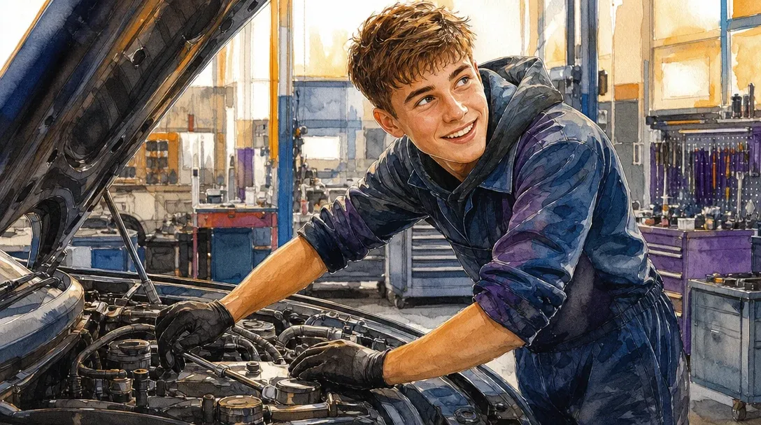 Kraftfahrzeugmechatroniker/Kraftfahrzeugmechatronikerin Schwerpunkt Personenkraftwagentechnik in der Ausbildung arbeitet in der Werkstatt am Motor eines Autos – Aquarell-Illustration
