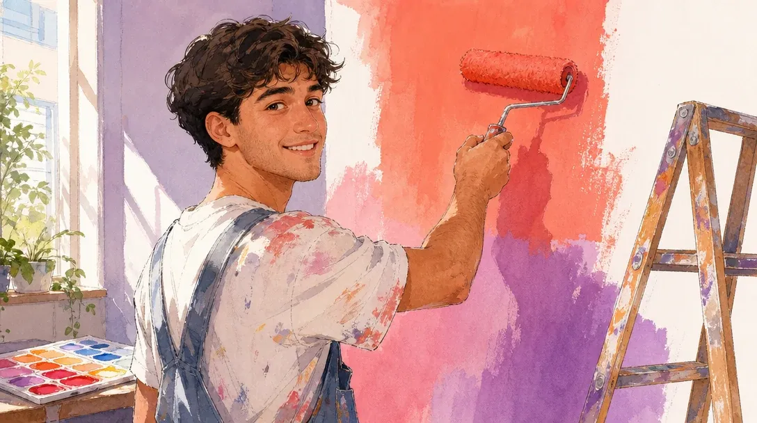 Maler und Lackierer/Malerin und Lackiererin Fachrichtung Gestaltung und Instandhaltung in der Ausbildung streicht eine Wand neben Leiter und Farbpalette – Aquarell-Illustration