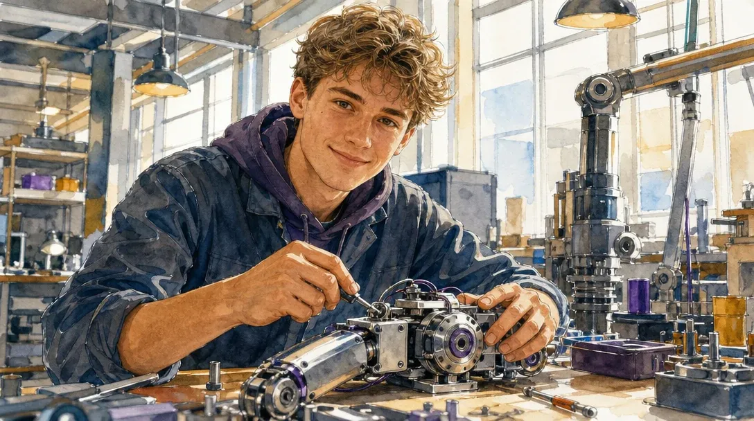 Mechatroniker/Mechatronikerin in der Ausbildung montiert eine mechanische Baugruppe an der Werkbank – Aquarell-Illustration