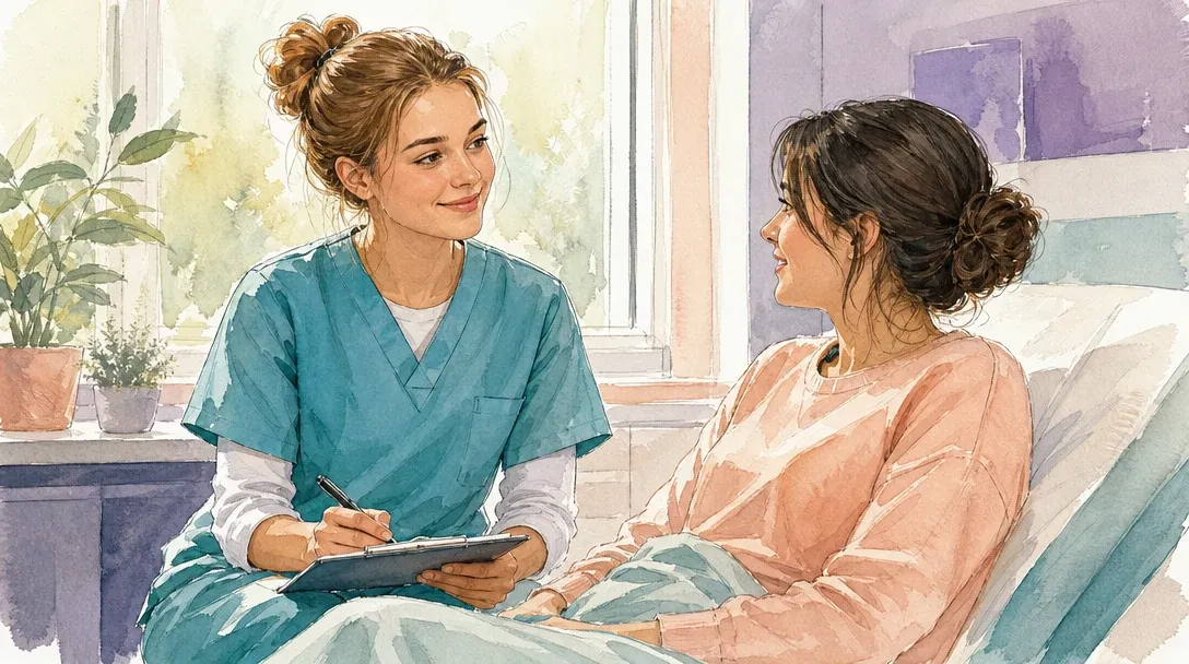 Medizinischer Fachangestellter/Medizinische Fachangestellte in der Ausbildung betreut eine Patientin in einer hellen Praxis – Aquarell-Illustration