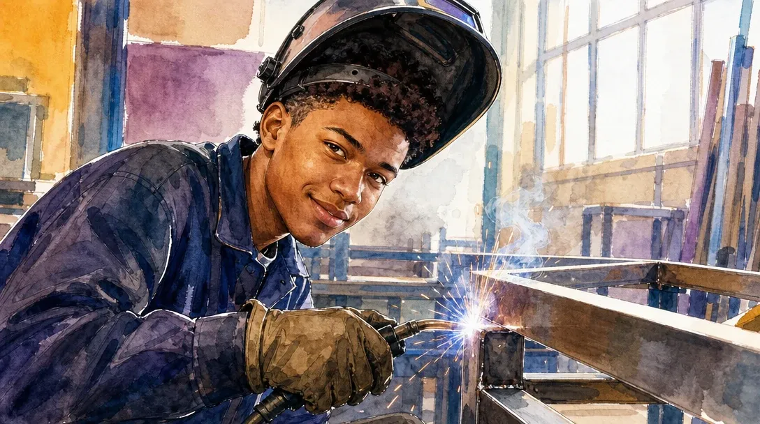 Metallbauer/Metallbauerin Fachrichtung Konstruktionstechnik in der Ausbildung schweißt einen Stahlrahmen mit Schutzmaske – Aquarell-Illustration