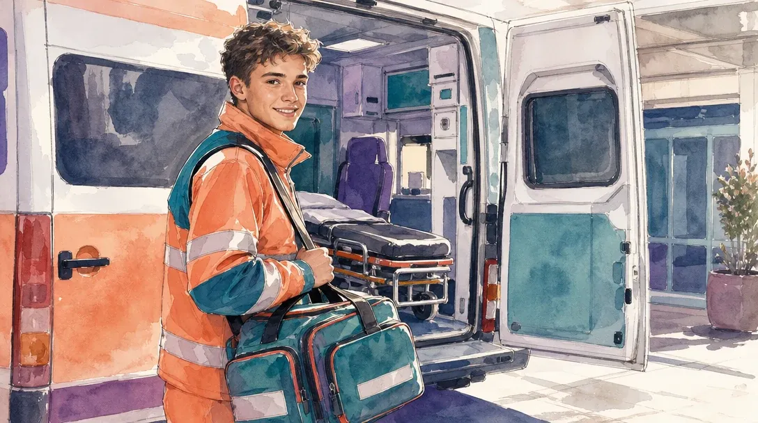 Notfallsanitäter/Notfallsanitäterin in der Ausbildung steht mit Notfalltasche konzentriert am Rettungswagen – Aquarell-Illustration