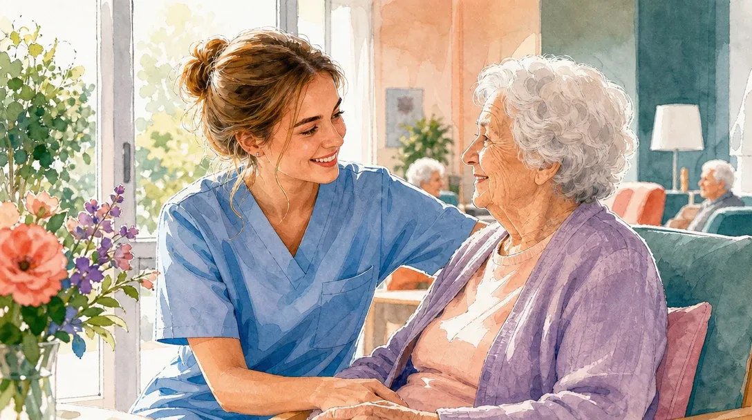 Pflegefachmann/Pflegefachfrau (Ausbildung) in der Ausbildung betreut einfühlsam eine ältere Patientin im Pflegeheim – Aquarell-Illustration