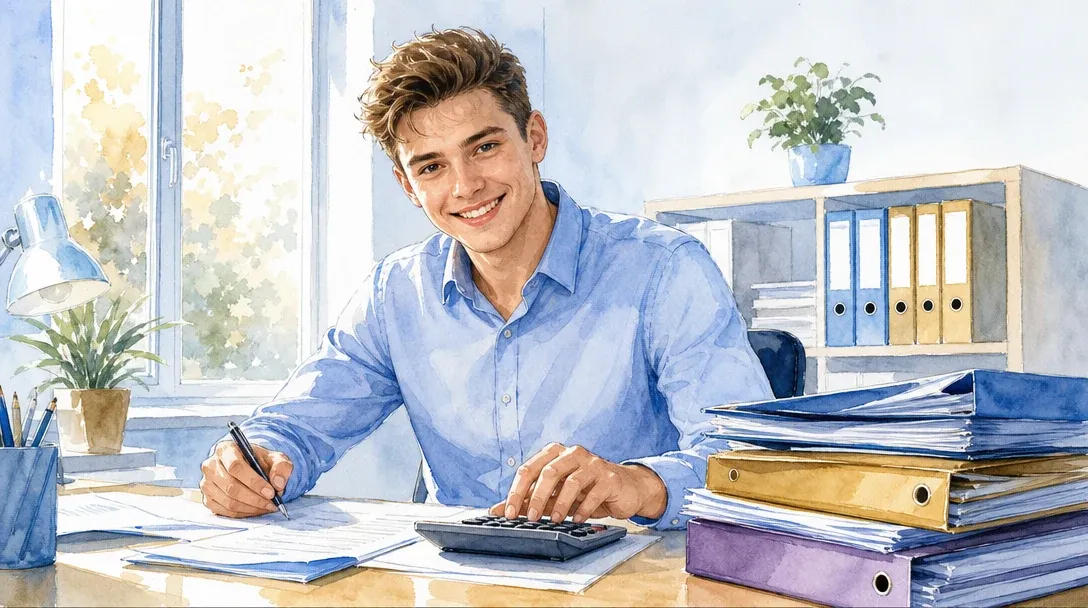 Steuerfachangestellter/Steuerfachangestellte in der Ausbildung prüft Unterlagen mit dem Taschenrechner am Schreibtisch voller Ordner – Aquarell-Illustration