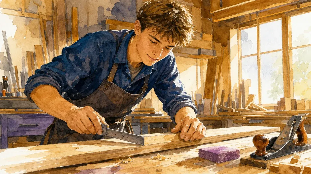 Tischler/Tischlerin in der Ausbildung misst und schleift ein Holzbrett in der Werkstatt – Aquarell-Illustration