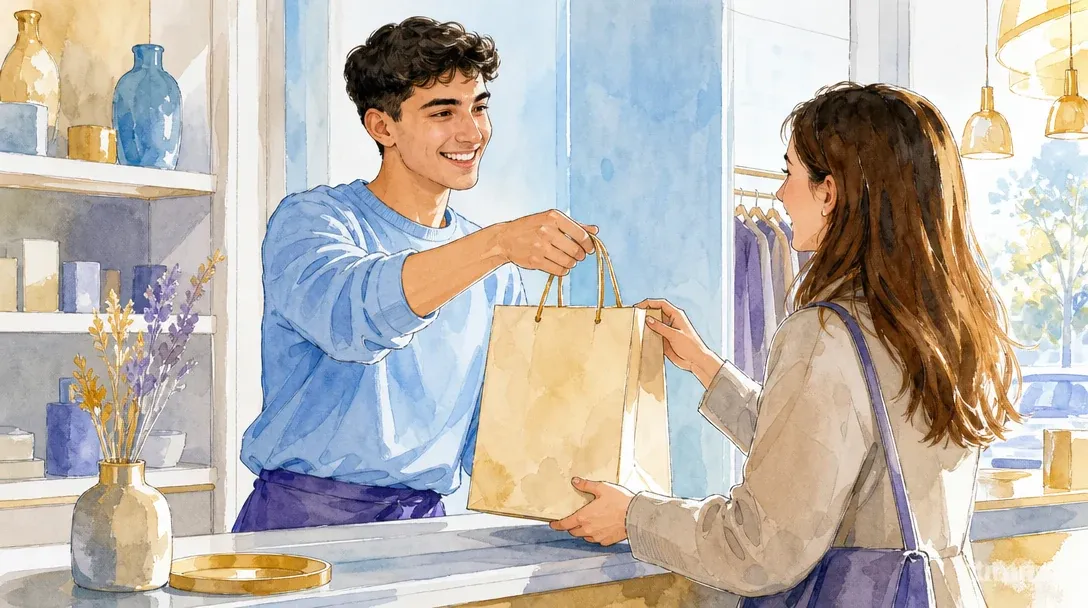 Verkäufer/Verkäuferin in der Ausbildung übergibt einer Kundin an der Kasse eine Einkaufstüte – Aquarell-Illustration