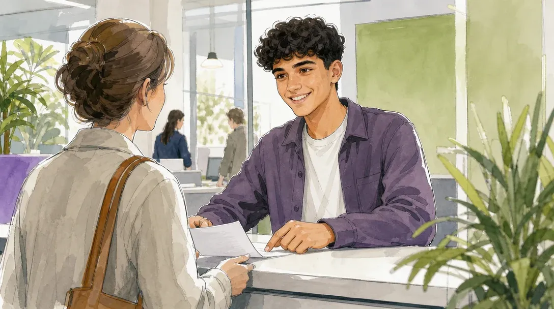 Verwaltungsfachangestellter/Verwaltungsfachangestellte Fachrichtung Kommunalverwaltung in der Ausbildung hilft einer Bürgerin am Schalter im Amt – Aquarell-Illustration