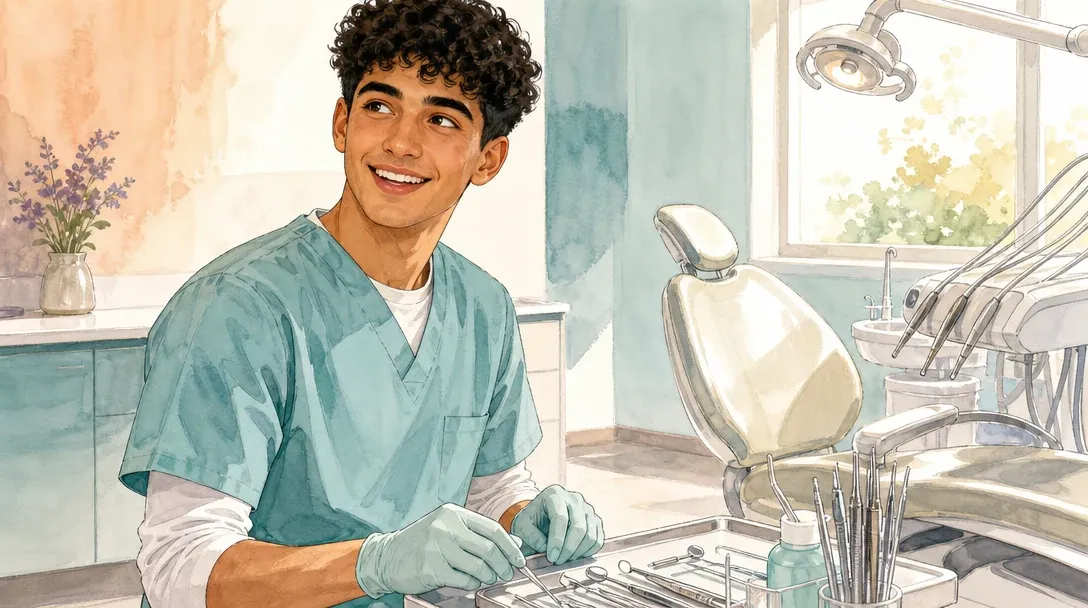 Zahnmedizinischer Fachangestellter/Zahnmedizinische Fachangestellte in der Ausbildung bereitet Instrumente am Behandlungsstuhl vor – Aquarell-Illustration