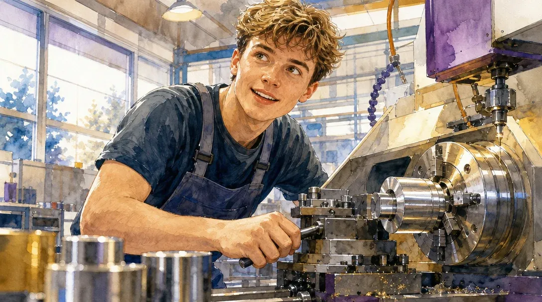 Zerspanungsmechaniker/Zerspanungsmechanikerin in der Ausbildung arbeitet an einer CNC-Drehmaschine mit glänzenden Metallteilen – Aquarell-Illustration